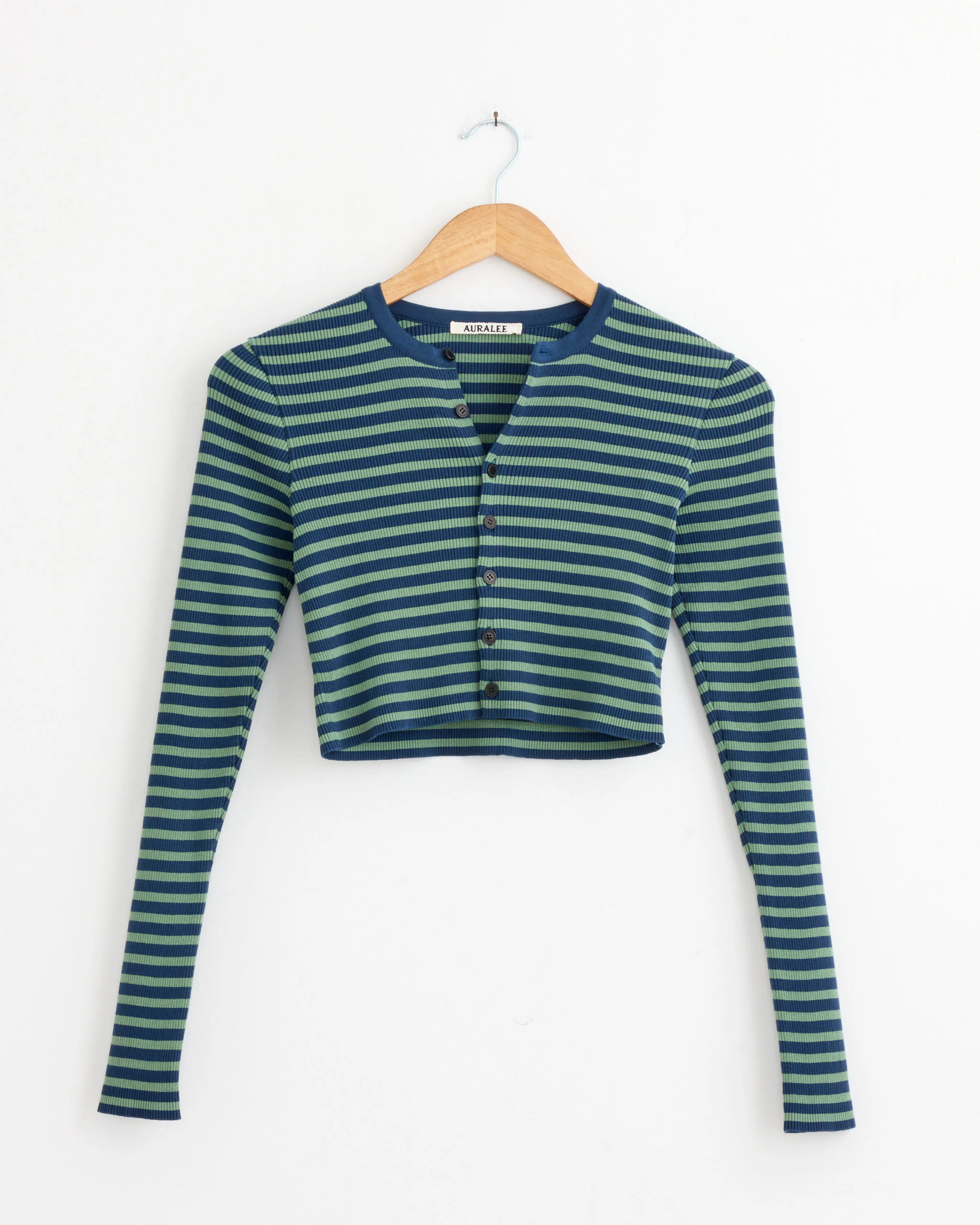 Cropped Crewneck Cardigan in Pale Green/Navy Stripe