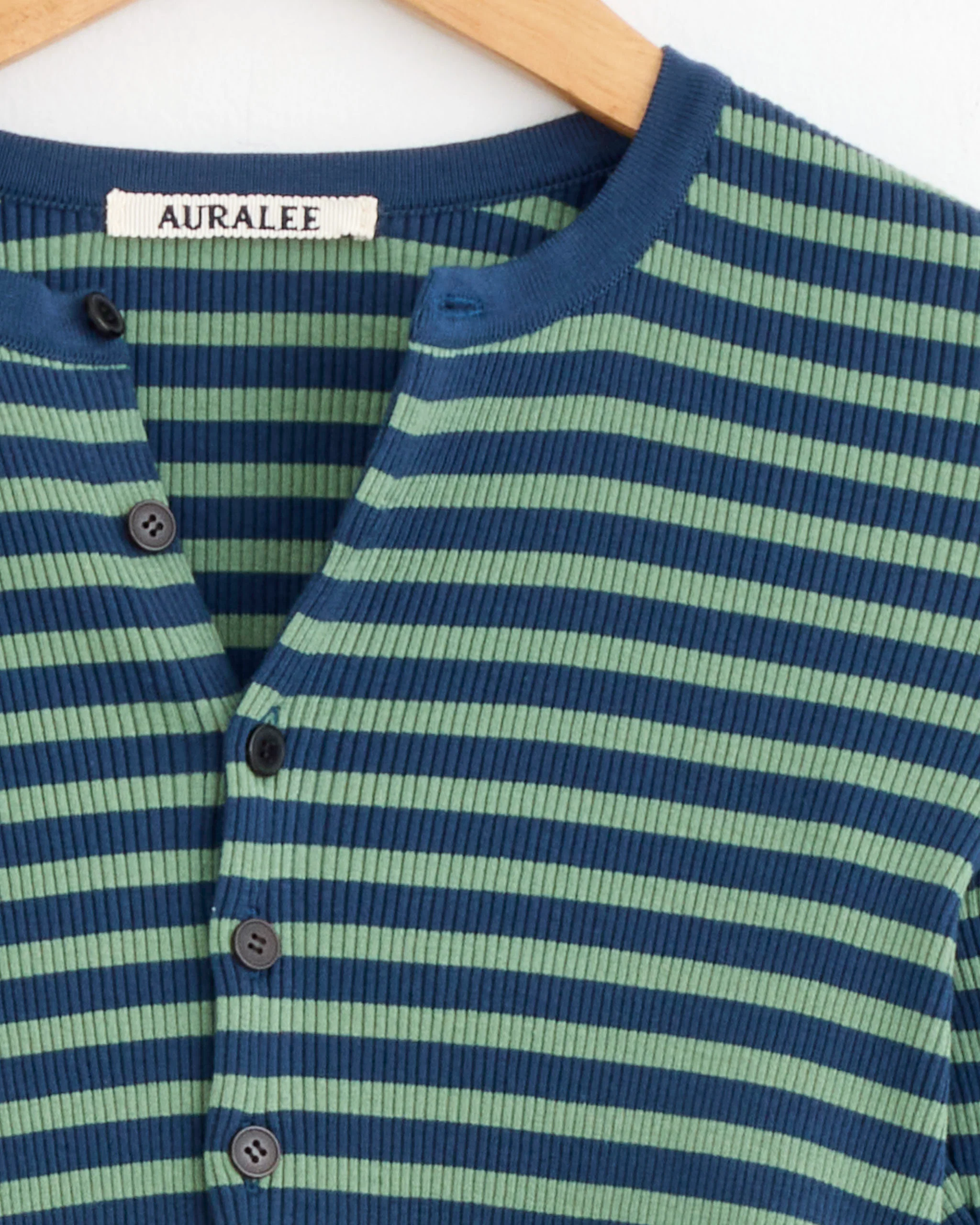 Cropped Crewneck Cardigan in Pale Green/Navy Stripe - Image 2