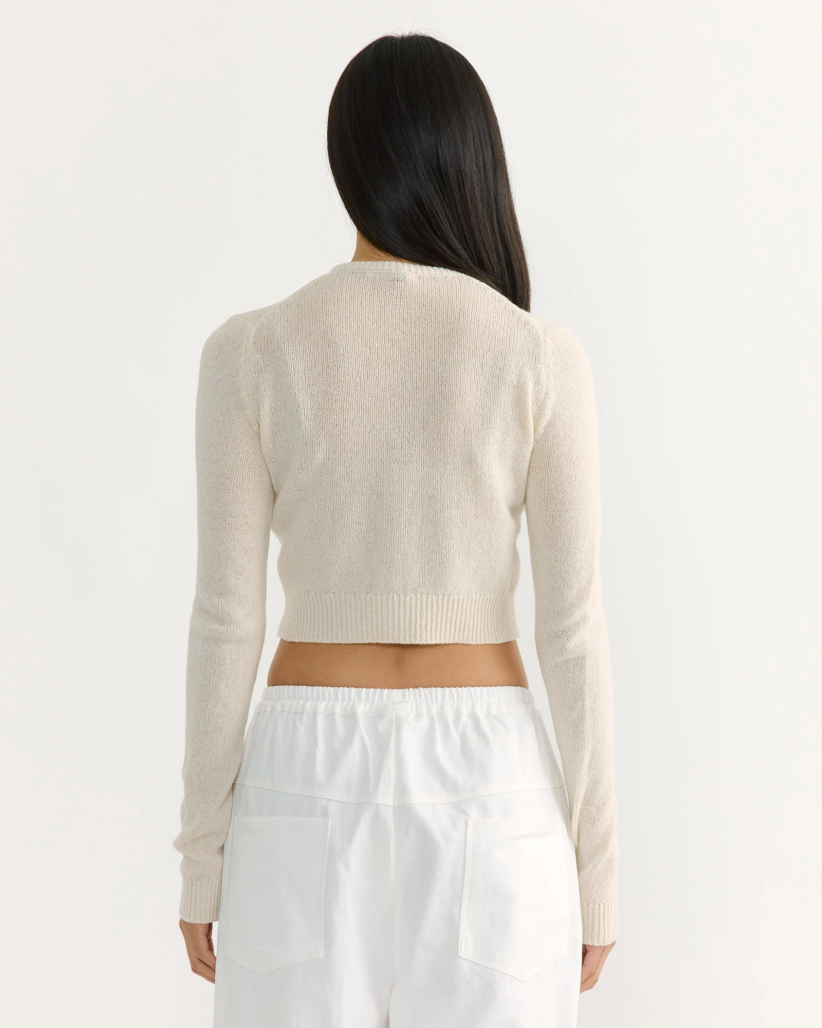 Summer Cashmere Crew Neck Cardigan in Ivory White - Image 3