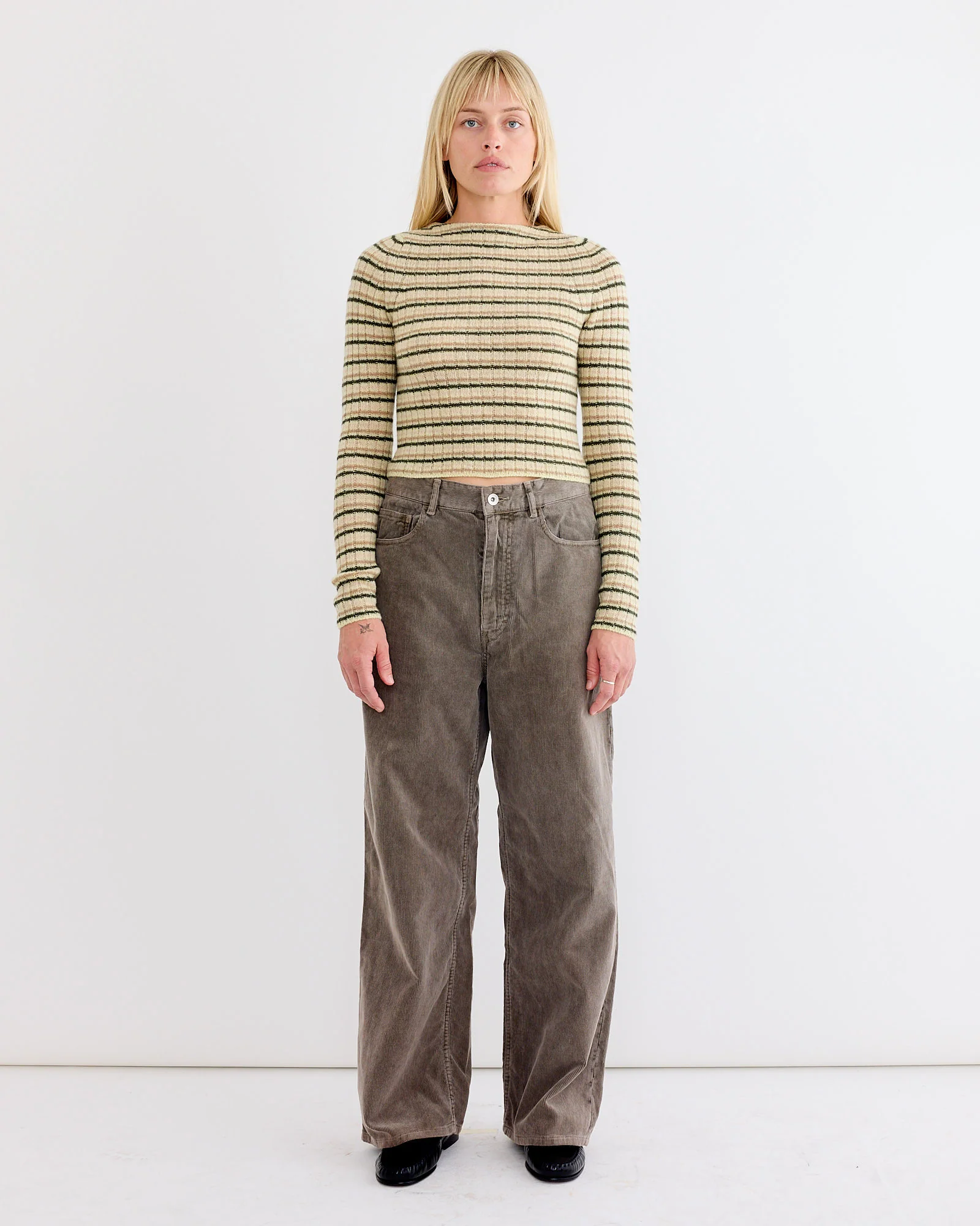 Wool Cashmere Boat Neck Pullover in Beige Stripe - Image 2