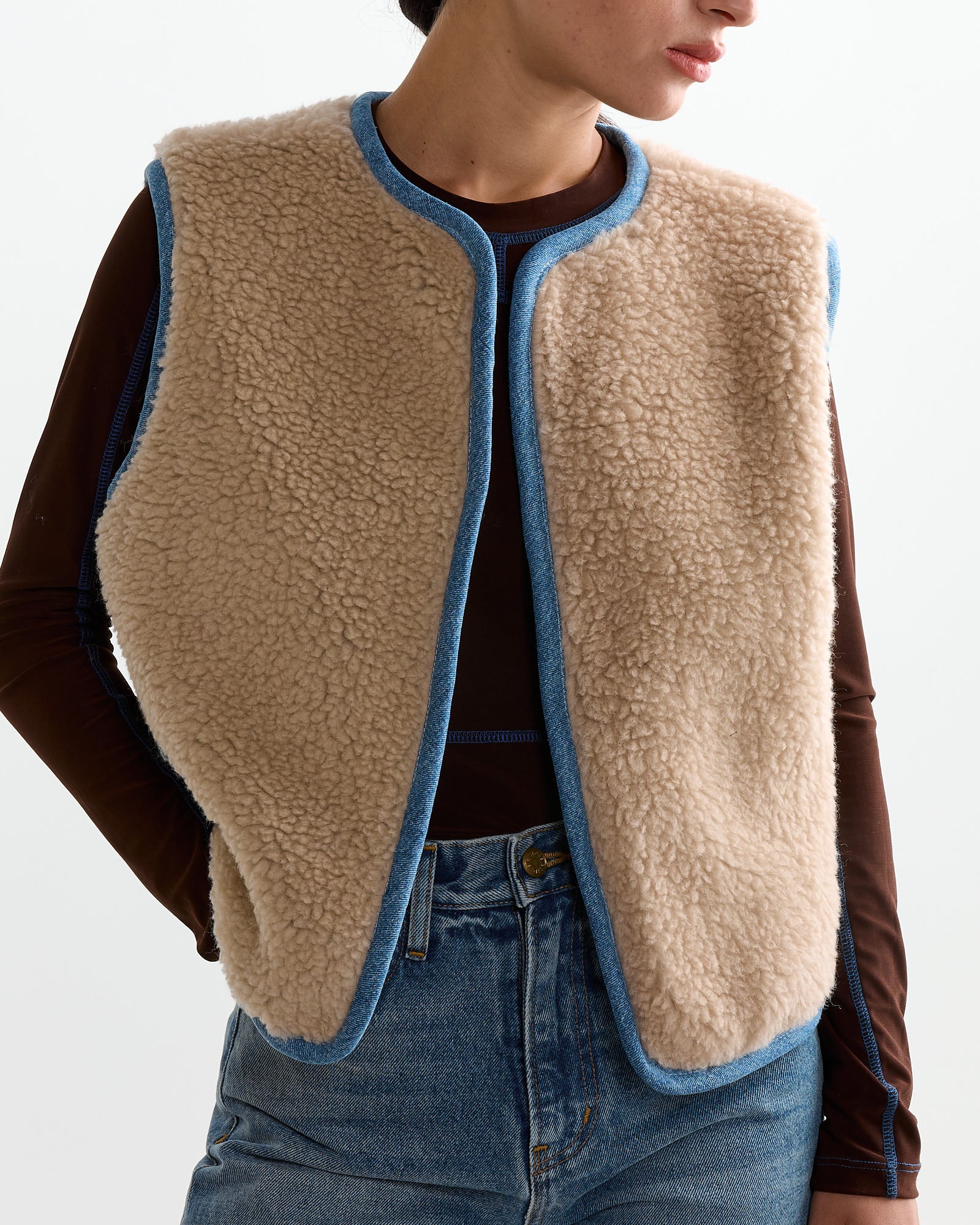 Reversible Rework Denim Sherpa Vest in Oatmeal - Image 2