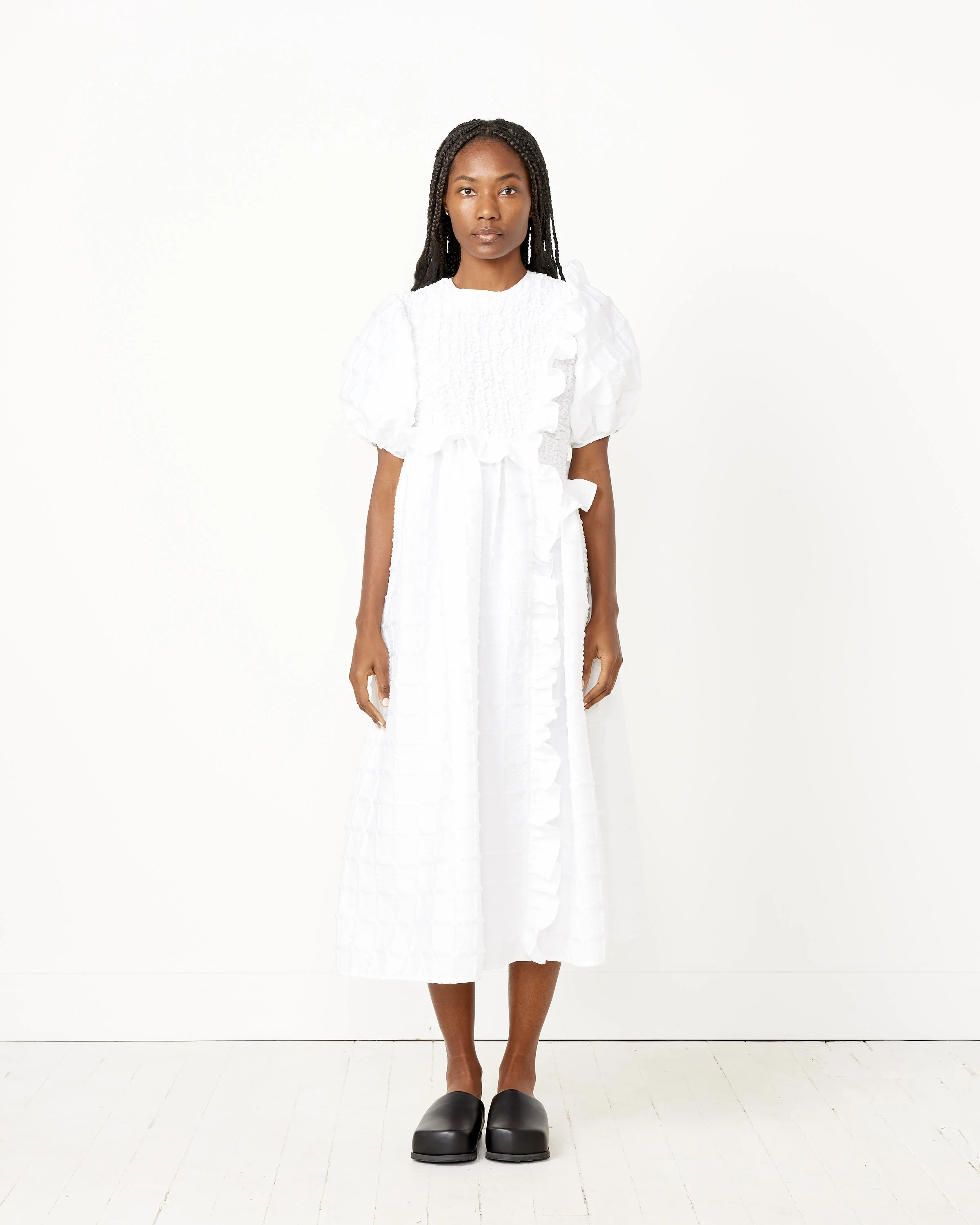 Smocked Panels & Ruffles Maxi Gown in White - Image 2