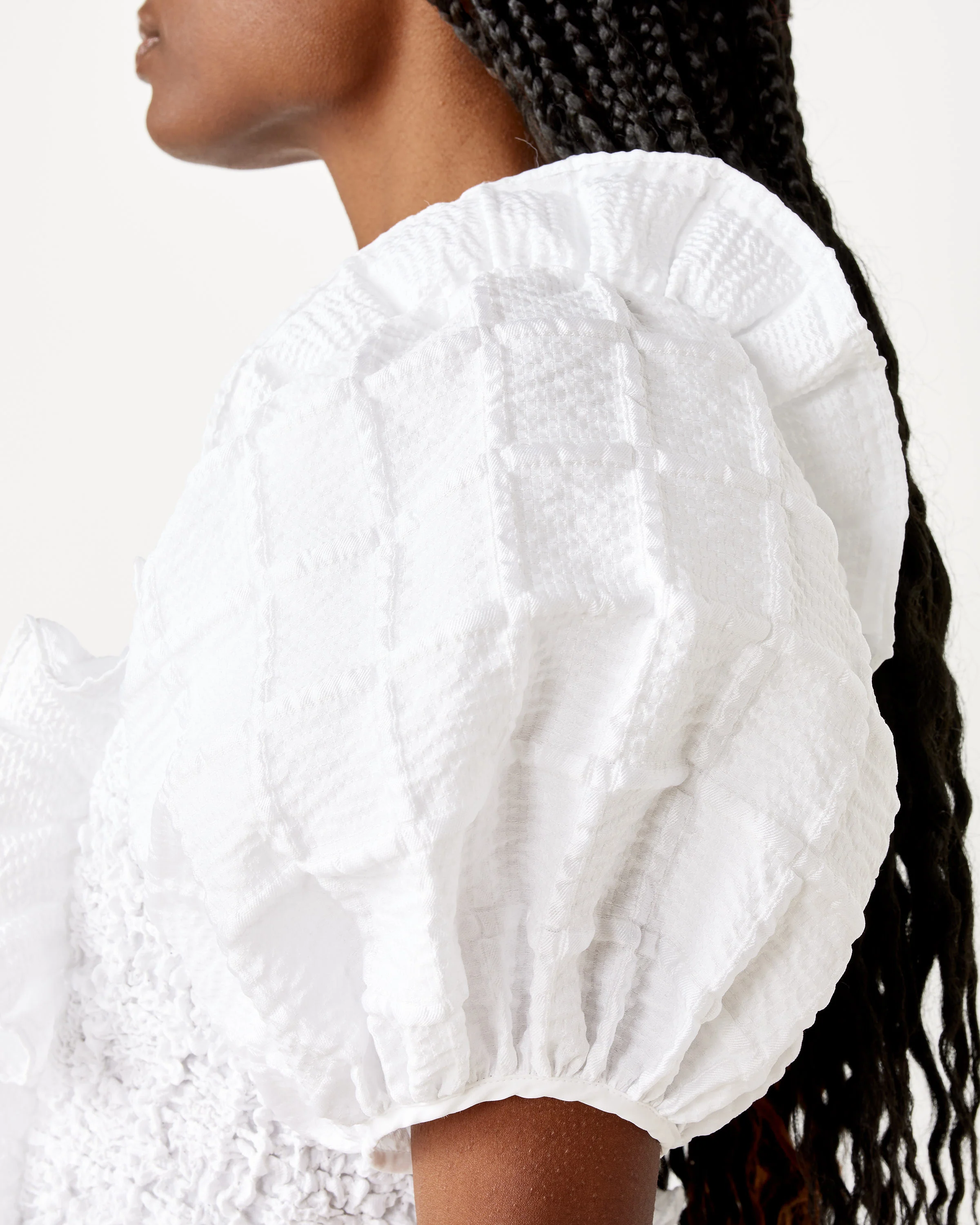 Smocked Panels & Ruffles Maxi Gown in White - Image 3