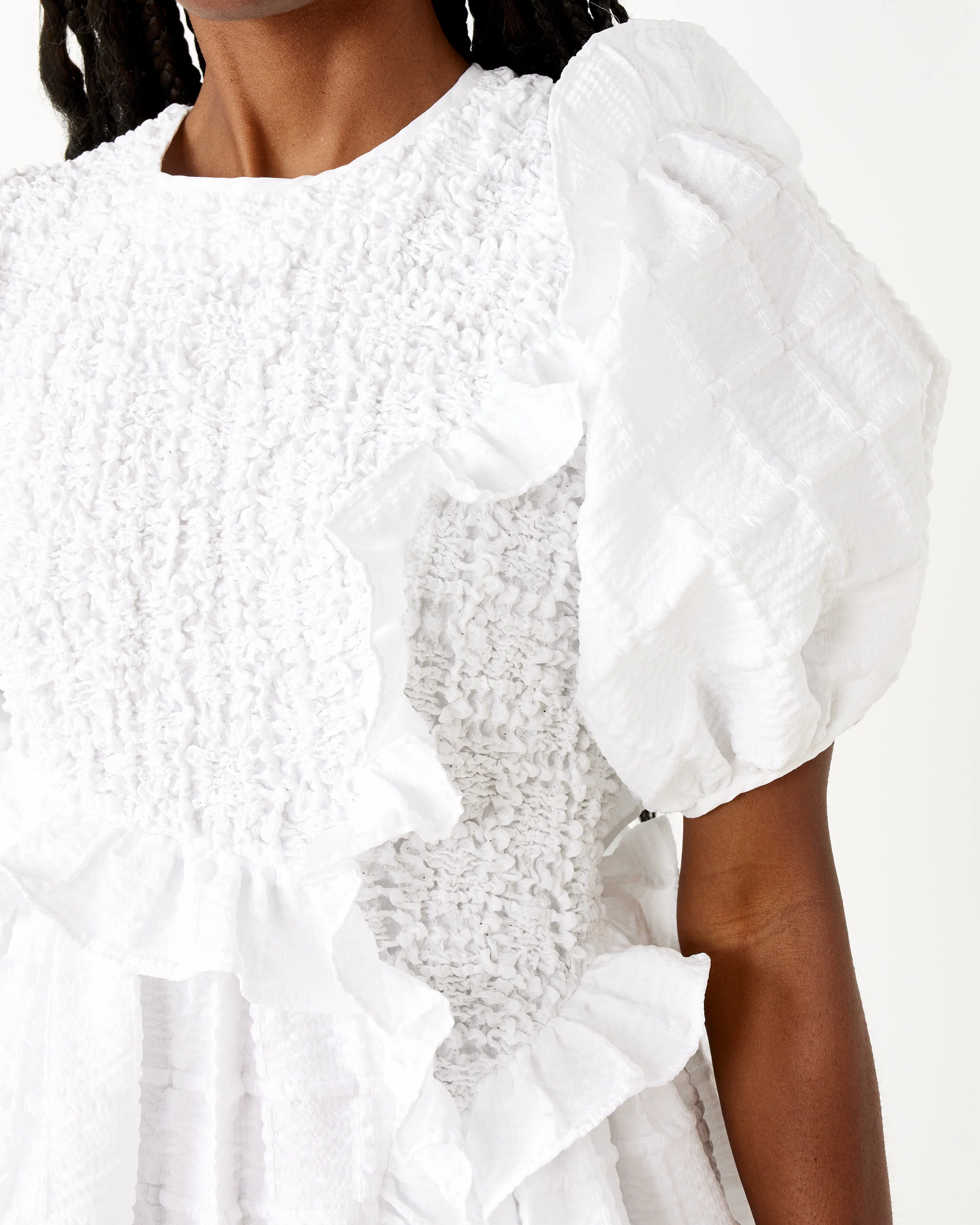 Smocked Panels & Ruffles Maxi Gown in White - Image 5