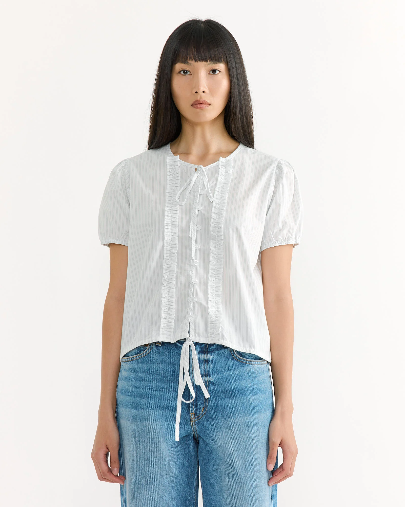 Double Frill Top in Sage Stripe