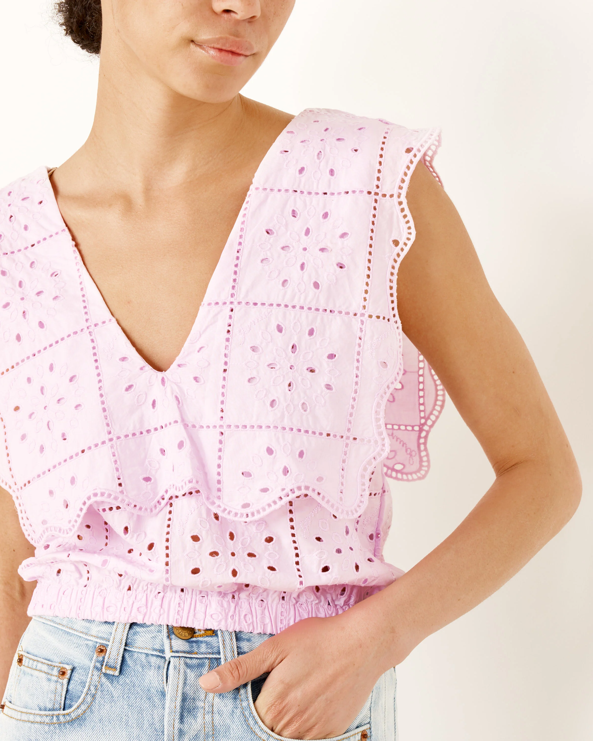 Broderie Anglaise Rhythm Collar Top in Pink Tulle - Image 2