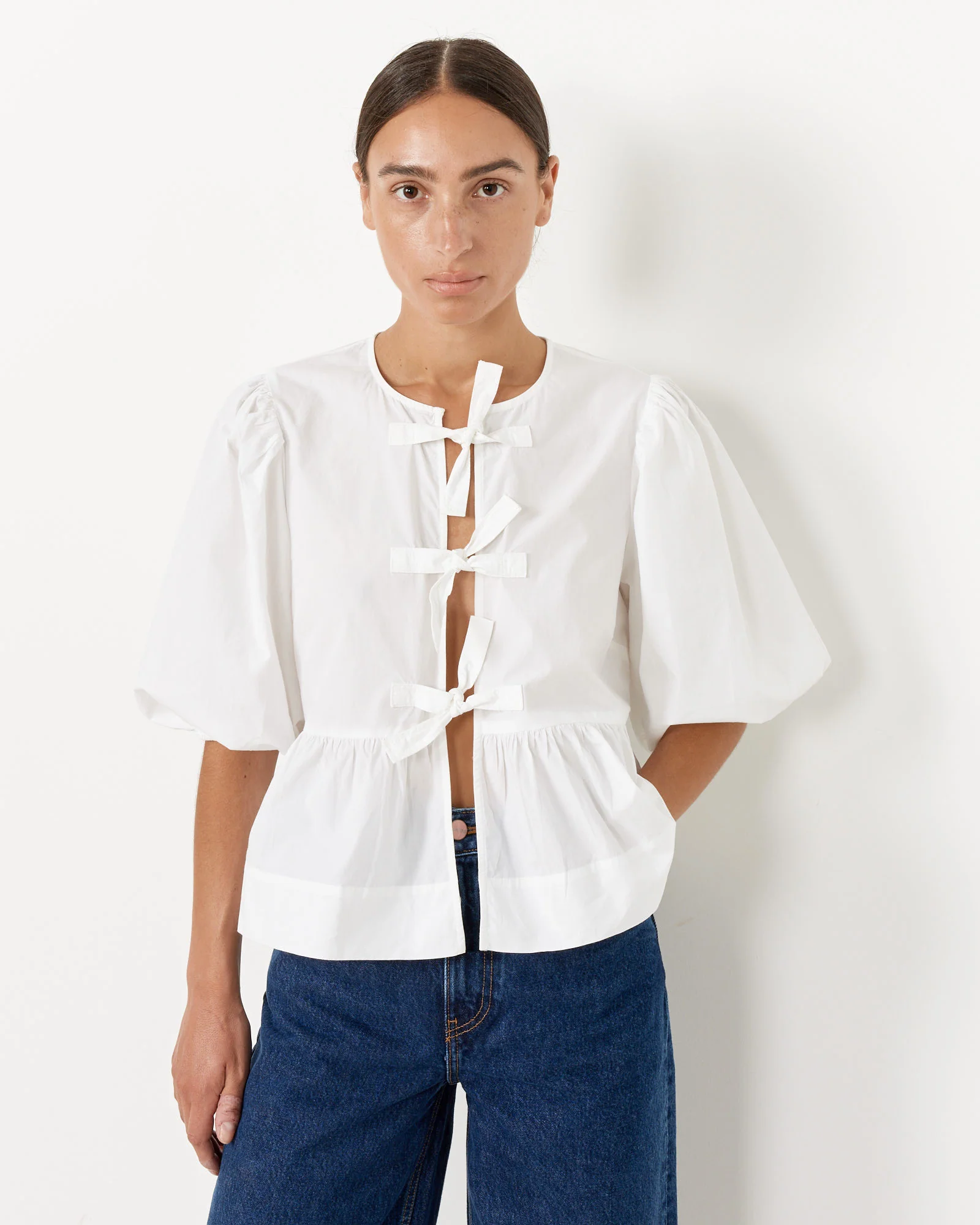 Cotton Poplin Peplum Blouse in Bright White - Image 4