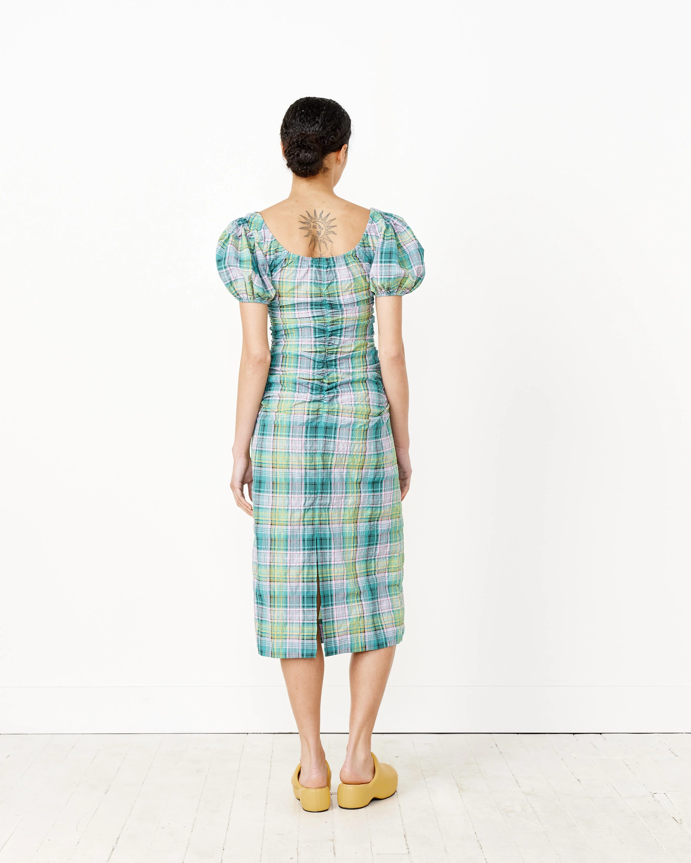Seersucker Check Gathered U-Neck Midi Dress in Lagoon - Image 2