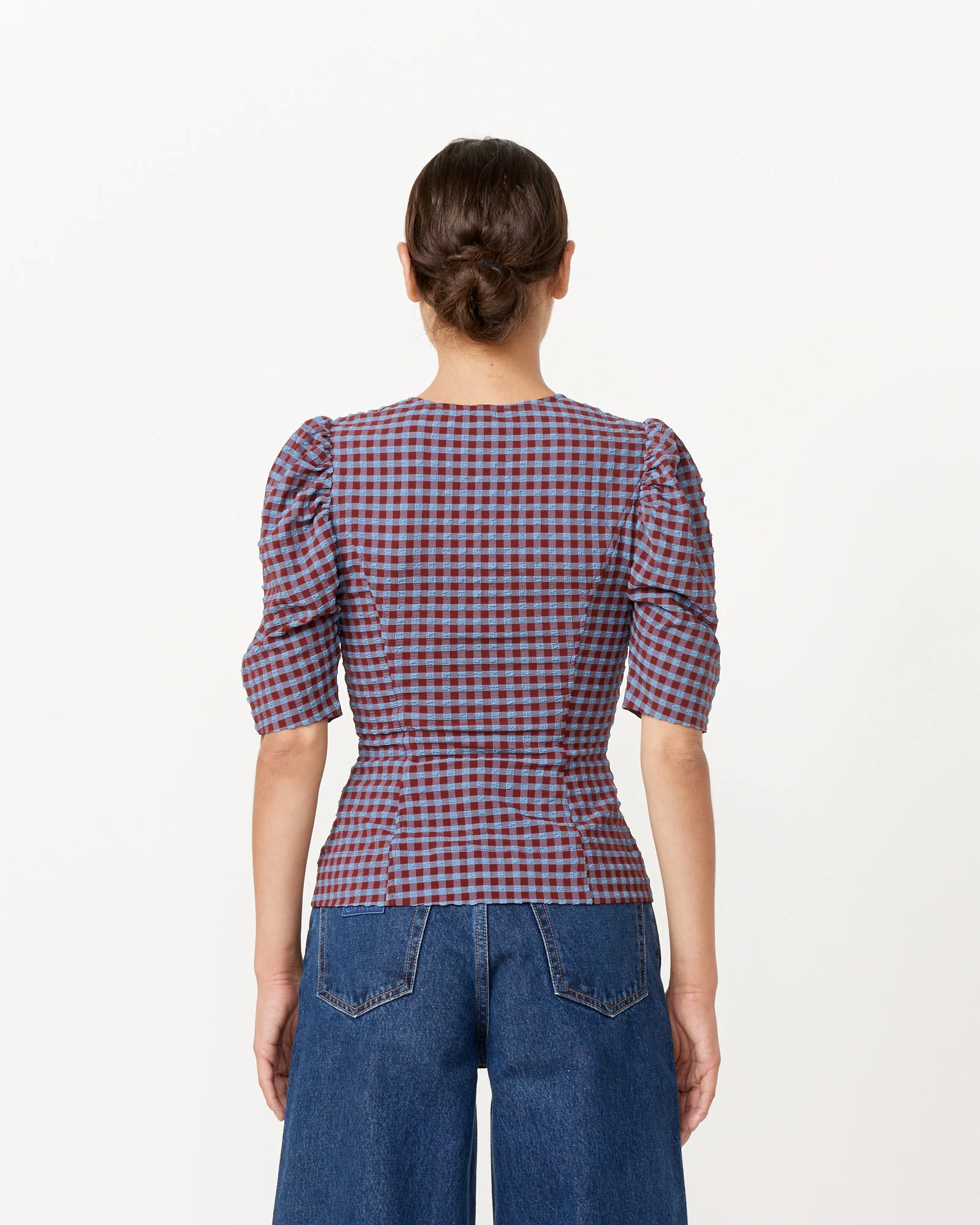 Seersucker V-Neck Blouse in Racing Red - Image 5