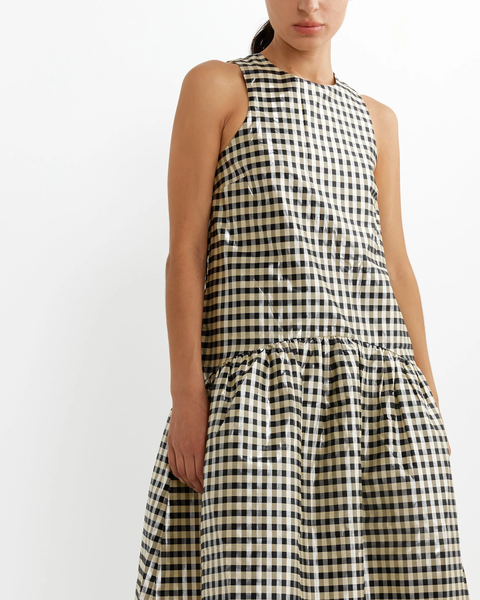 Shiny Check Midi Dress in Lemon Icing - Image 3