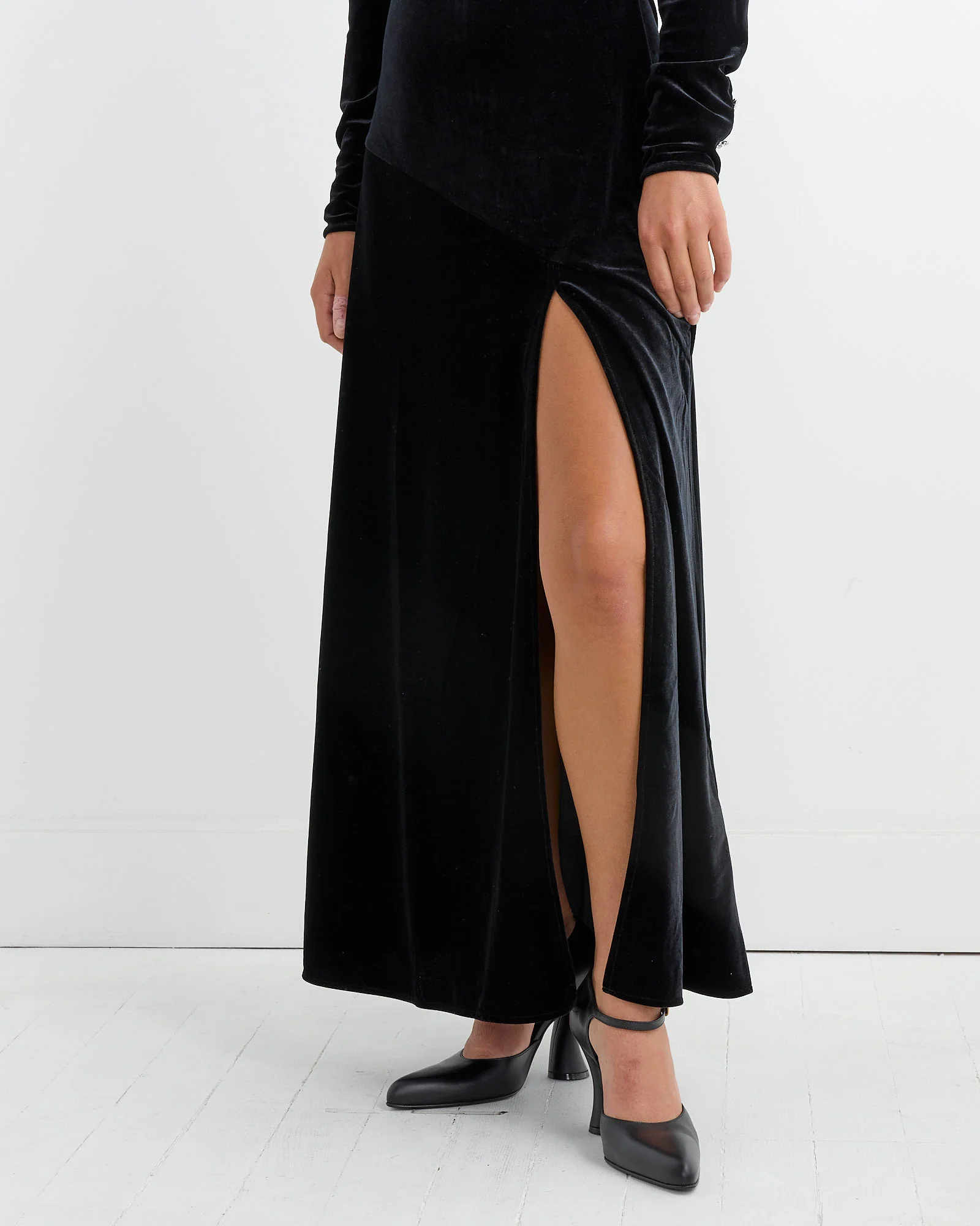 Velvet Gathered Long Dress in Black - Image 3