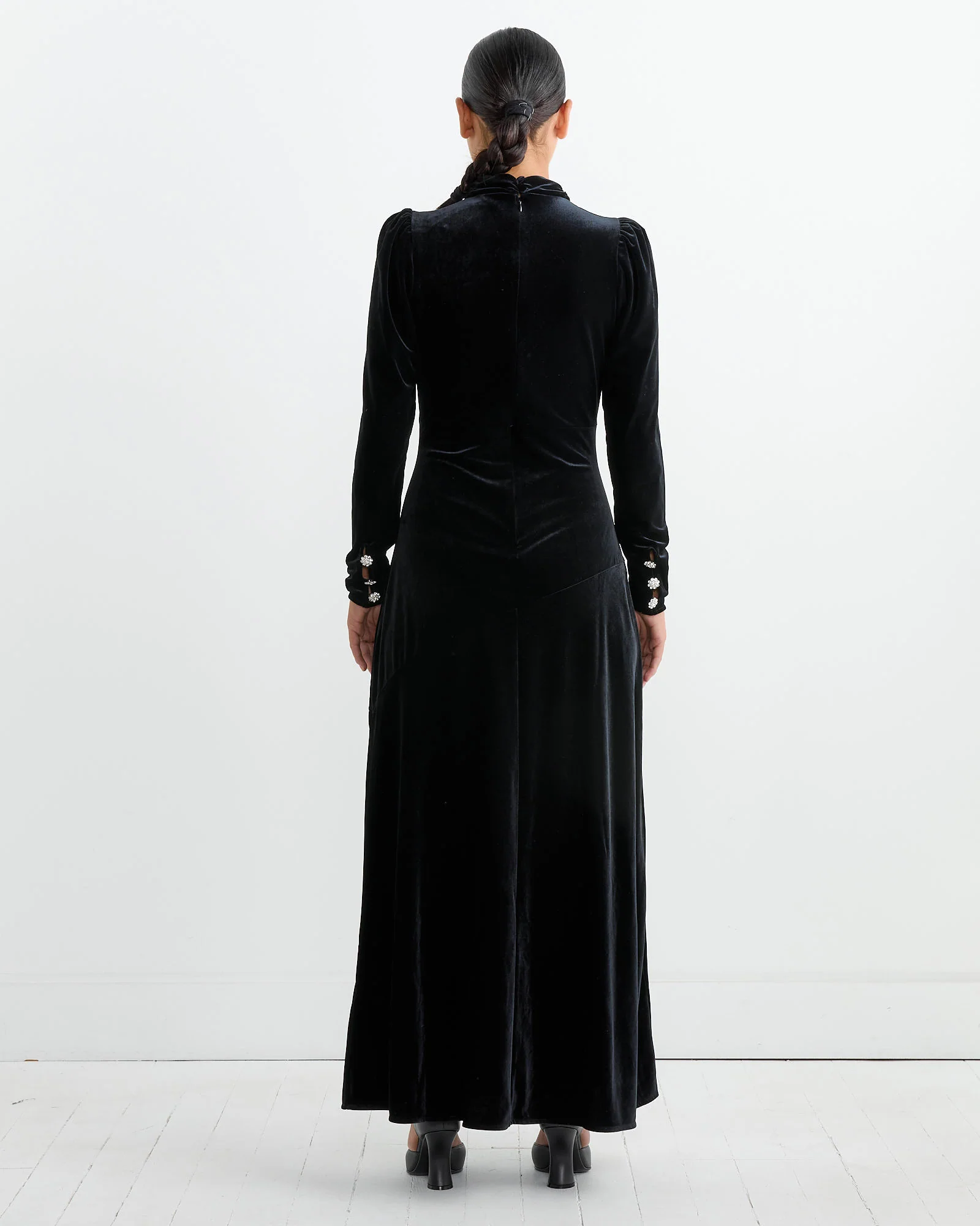 Velvet Gathered Long Dress in Black - Image 4