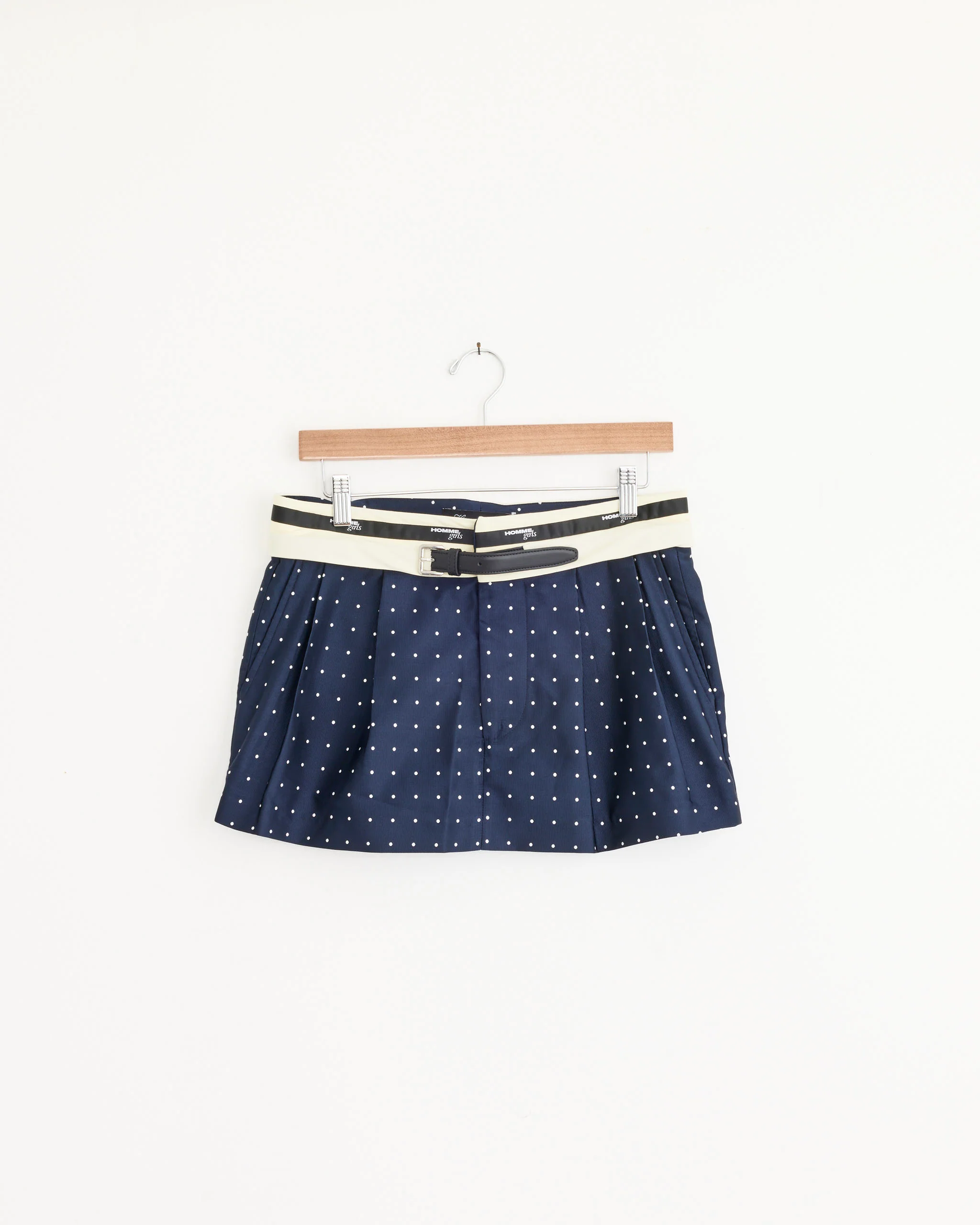 Flip Waist Mini Belt Skirt in Navy Polka Dot