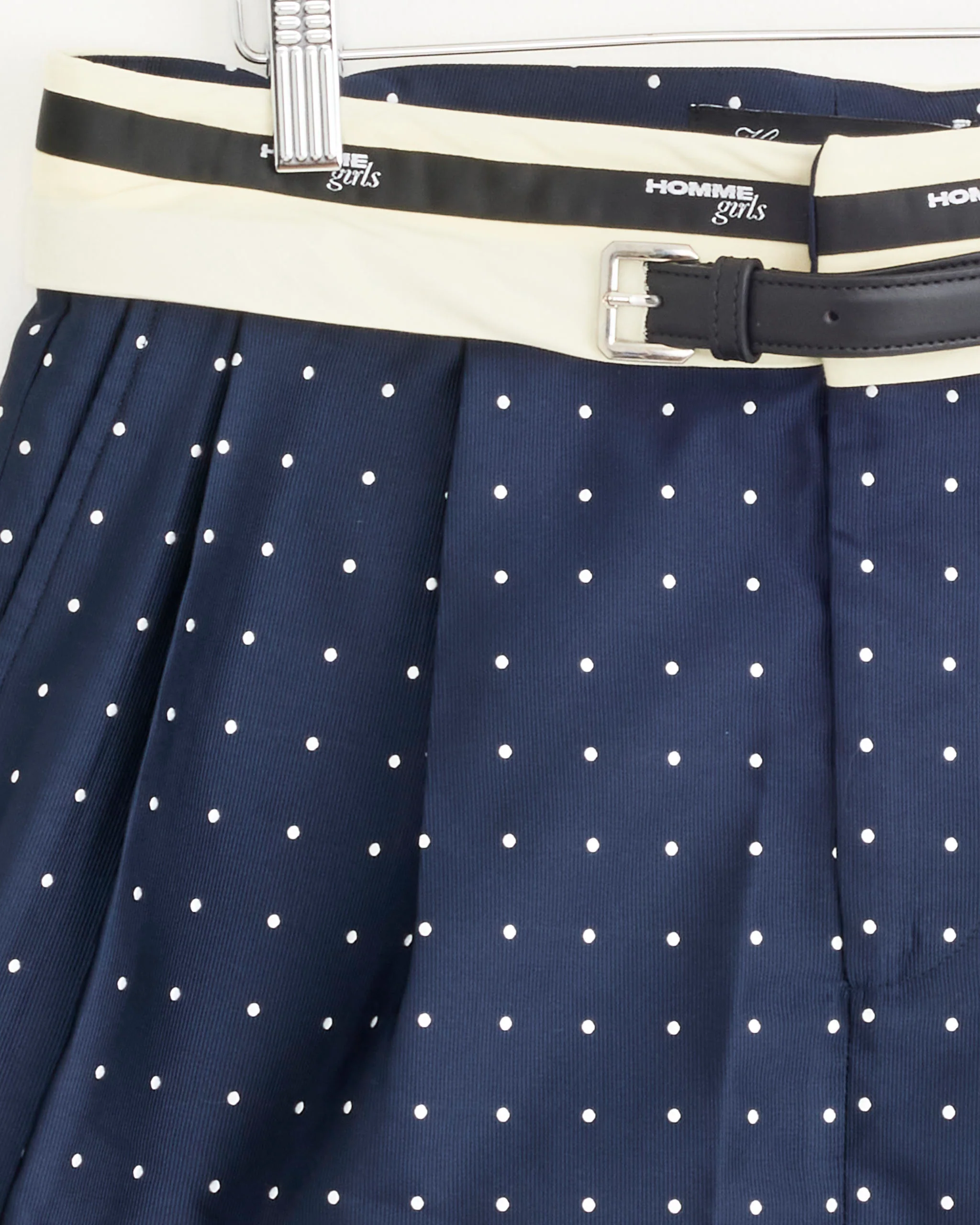 Flip Waist Mini Belt Skirt in Navy Polka Dot - Image 2