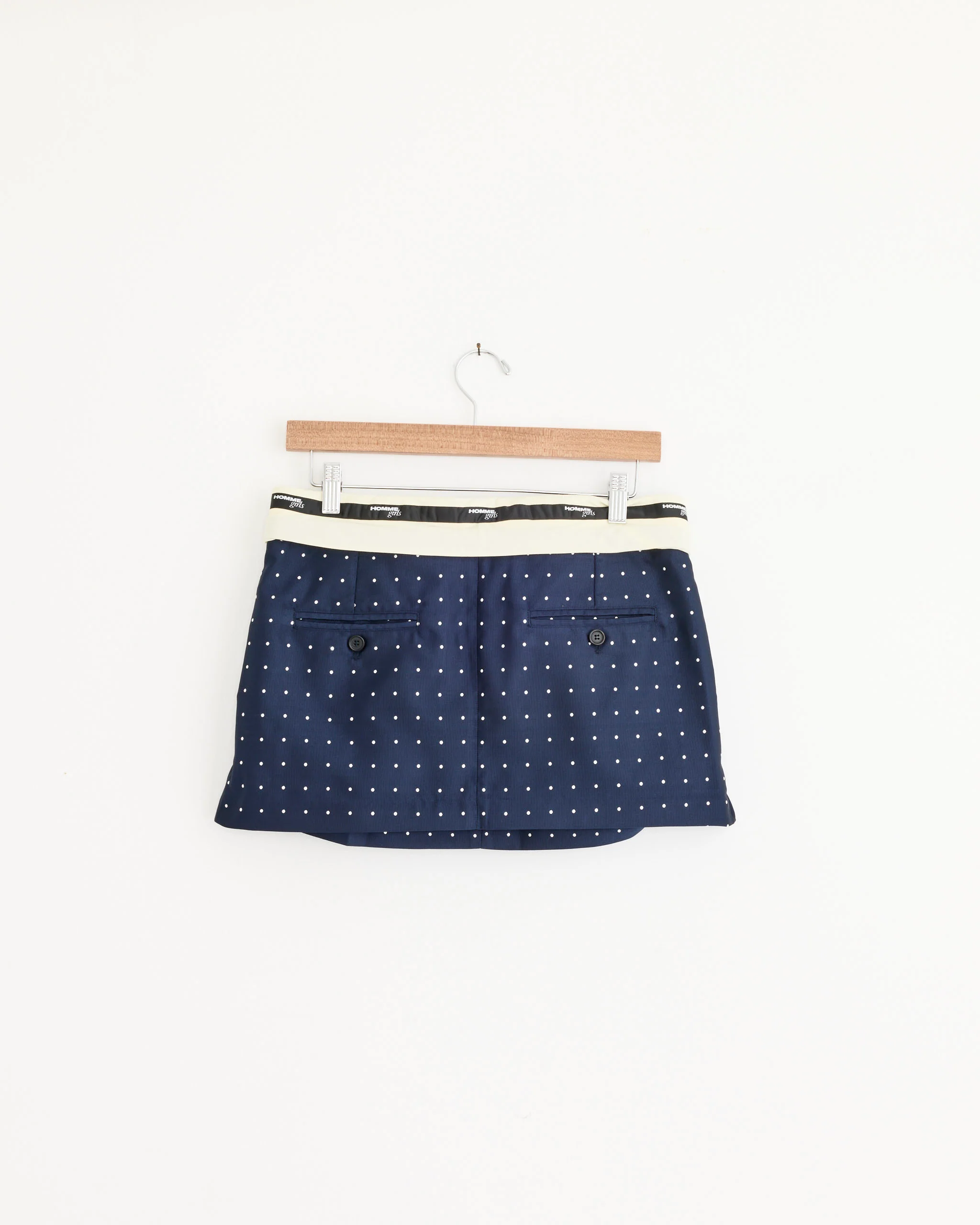 Flip Waist Mini Belt Skirt in Navy Polka Dot - Image 3