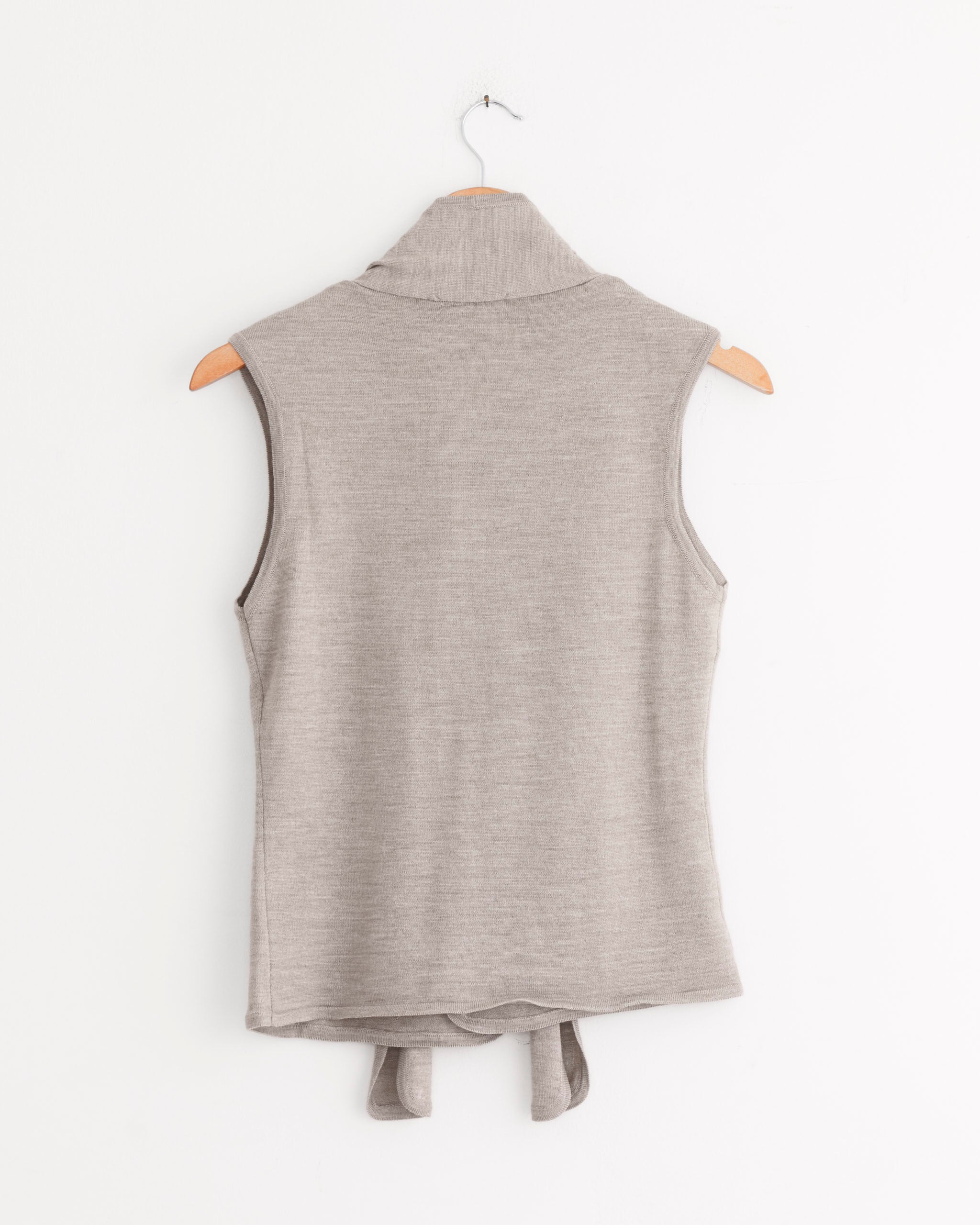 Asymmetrical Sleeveless Cardigan in Light Taupe - Image 3