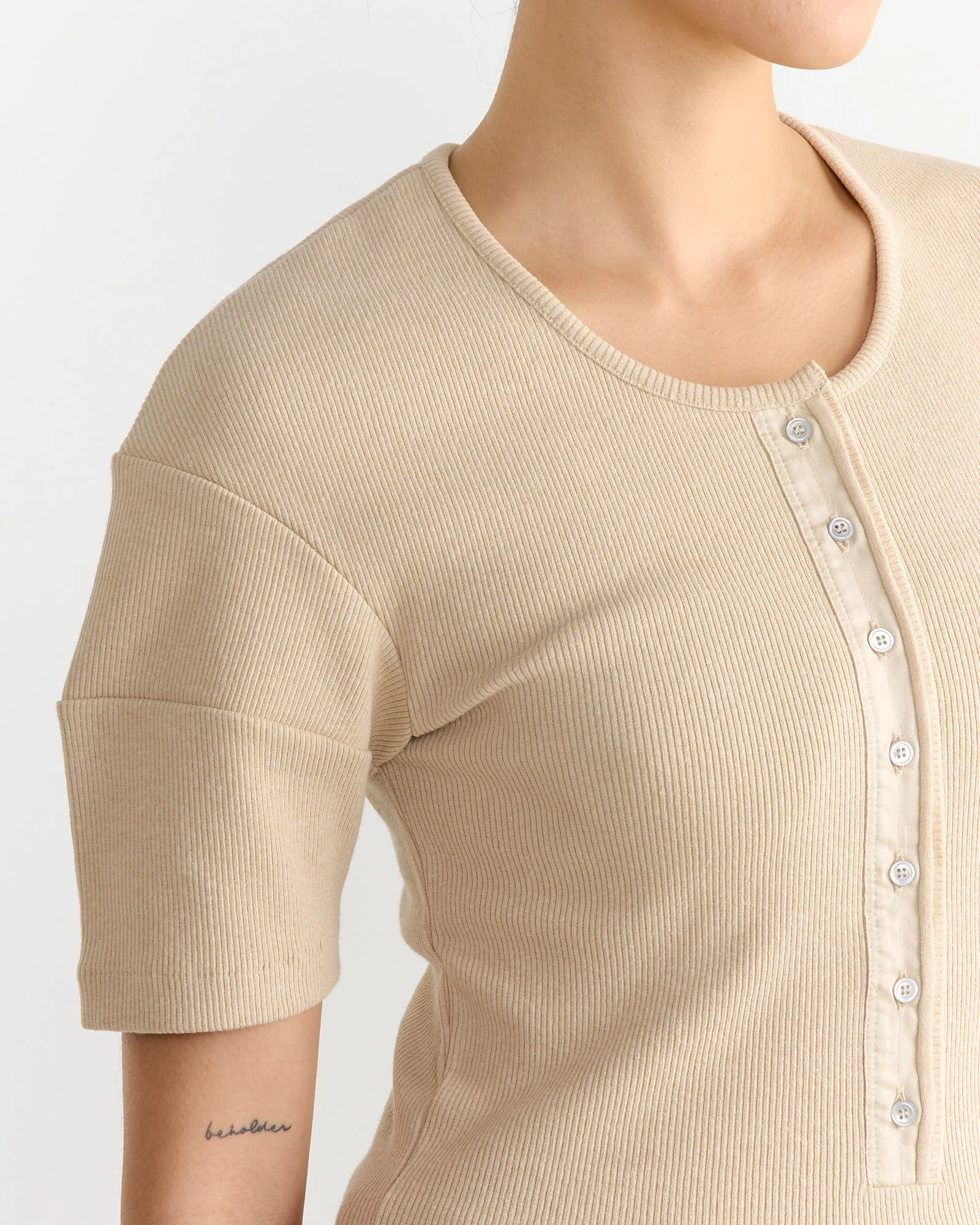 Fitted Henley in Warm Beige - Image 3
