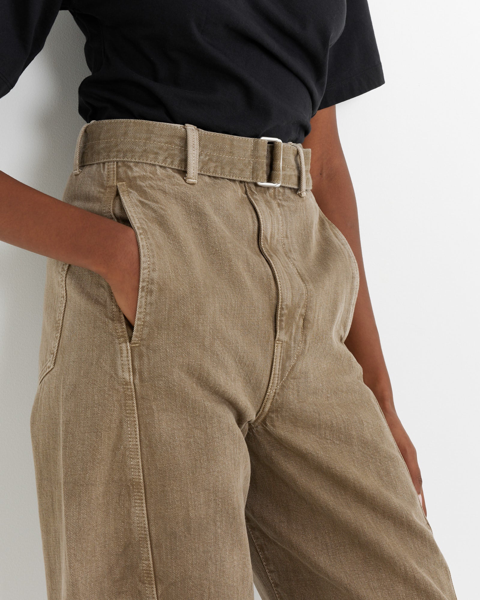 Twisted Belted Denim Pant in Snow Olive - Image 2