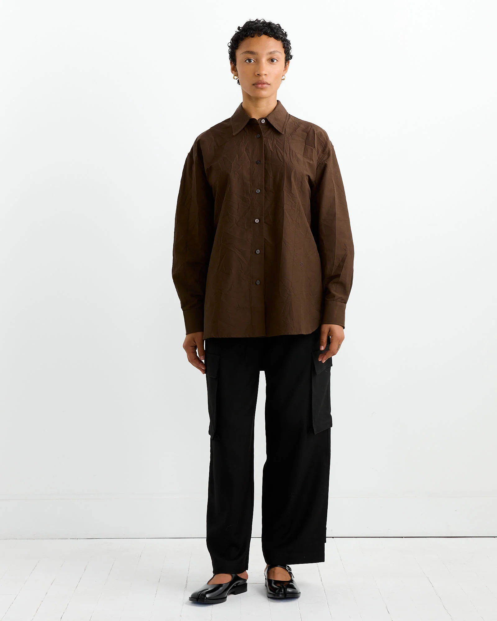 Crinkled Oversized Shirt in Brown - Image 2