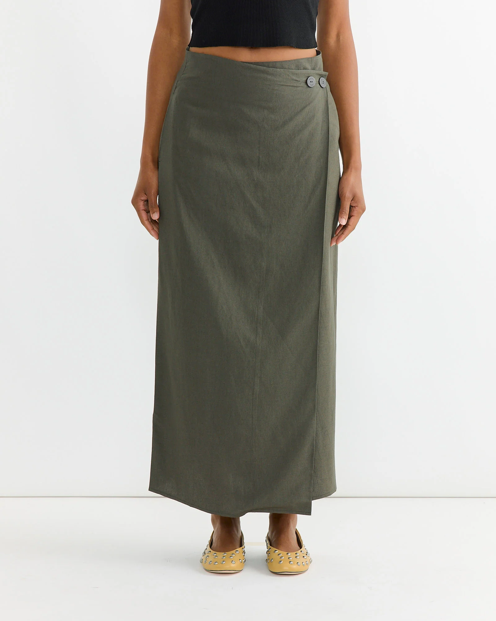 Linen Blend Maxi Wrap Skirt in Olive