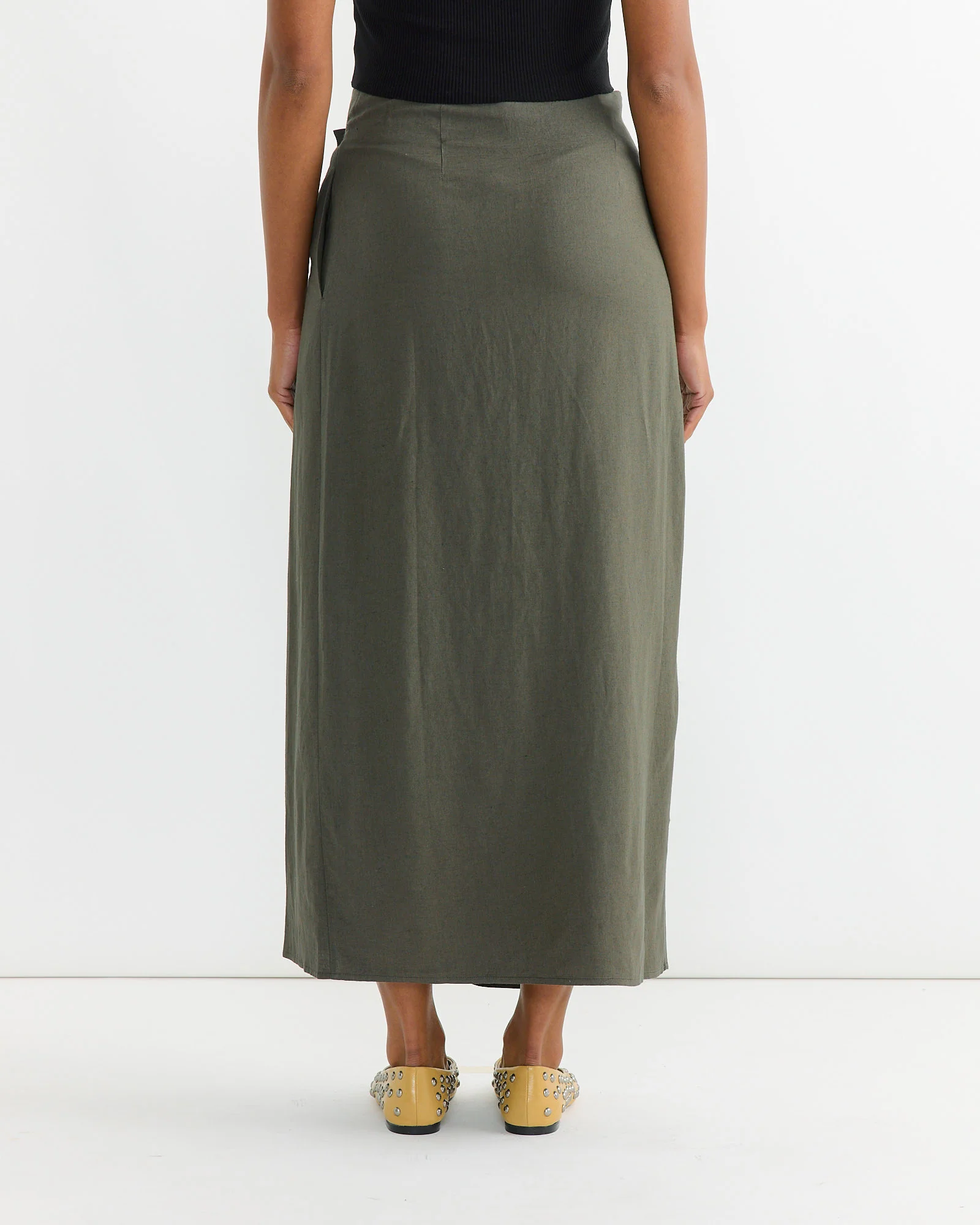Linen Blend Maxi Wrap Skirt in Olive - Image 2
