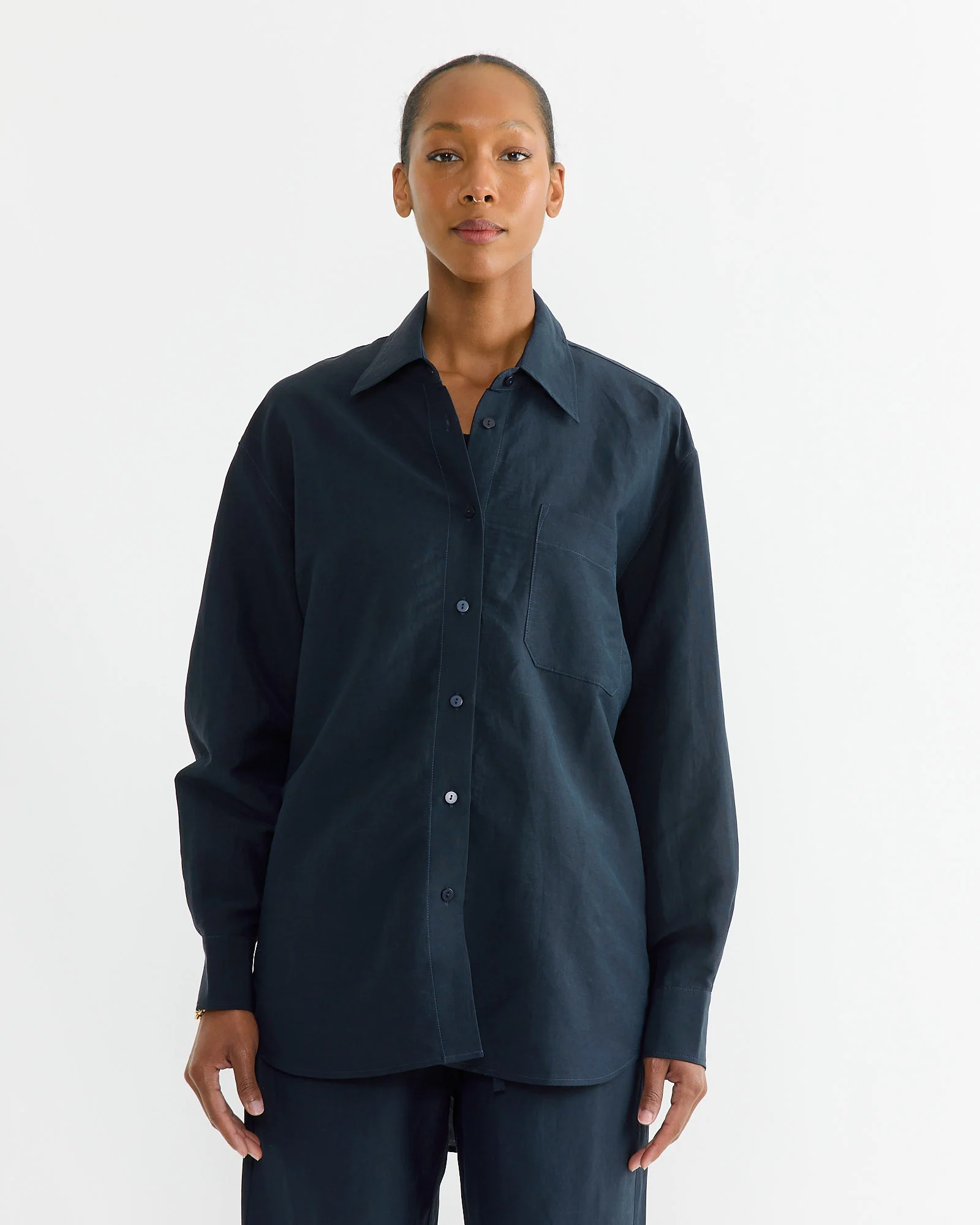 Silk Linen Oversized Shirt in Dark Navy