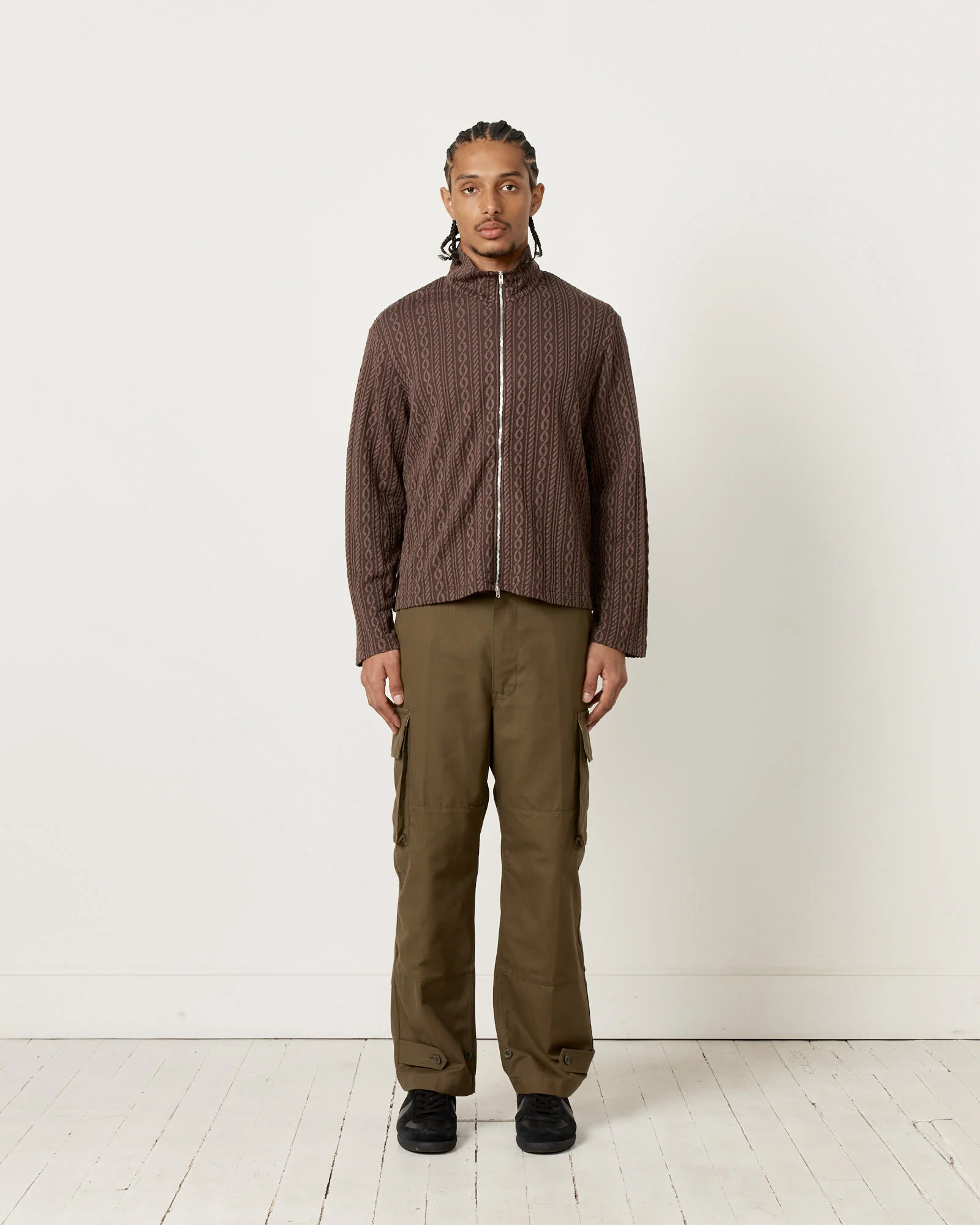 Shrunken Full Zip Polo in Indulgent Choco Cable Jacquard - Image 2