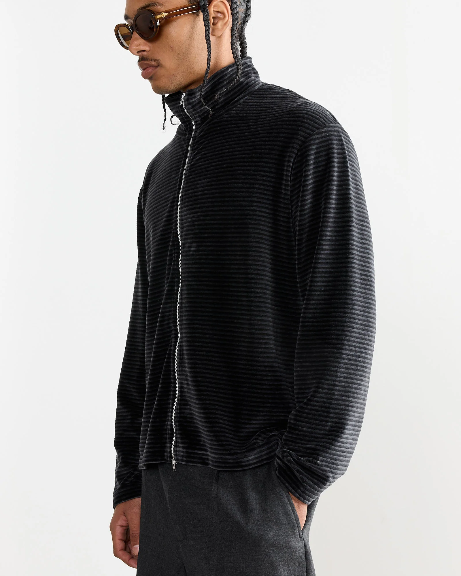 Shrunken Full Zip Polo in Phantom Stripe Velour - Image 3