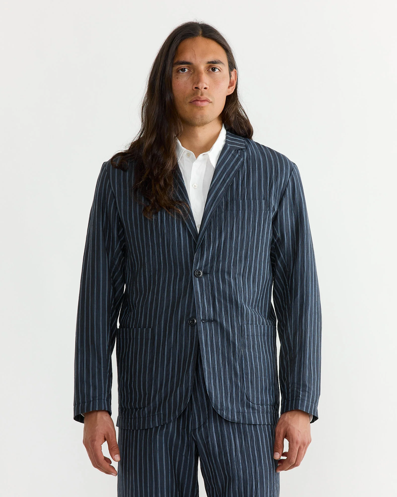 Blazer in Crinkle Stripe Navy