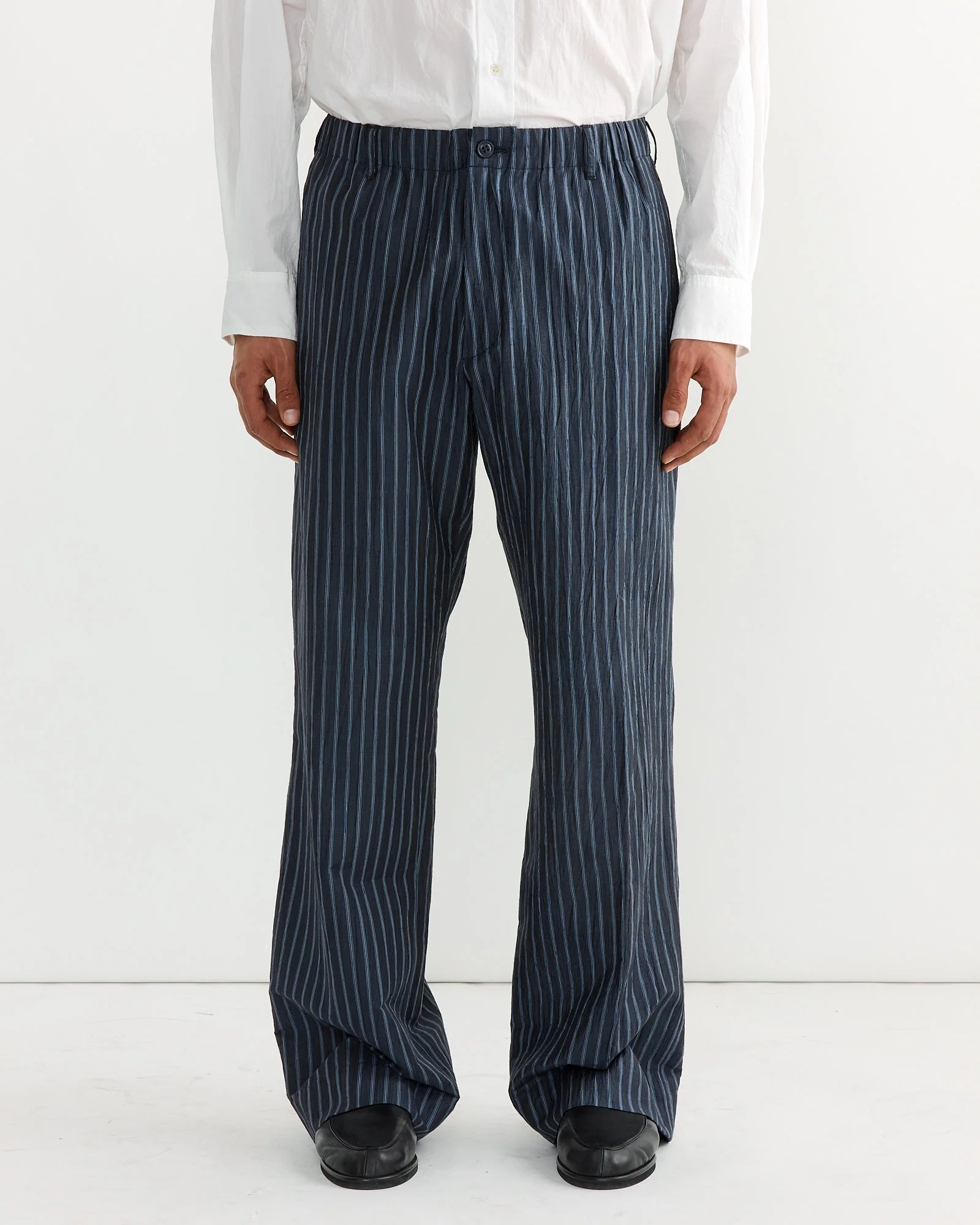 Drape Trouser in Crinkle Stripe Navy