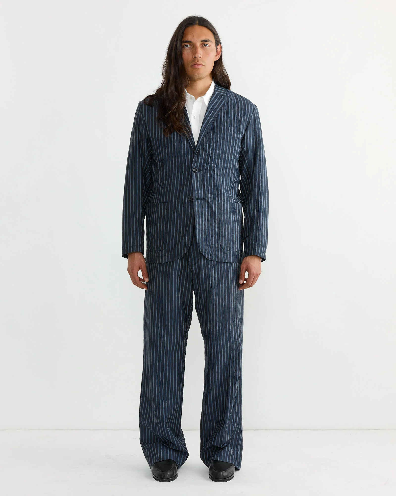 Drape Trouser in Crinkle Stripe Navy - Image 2