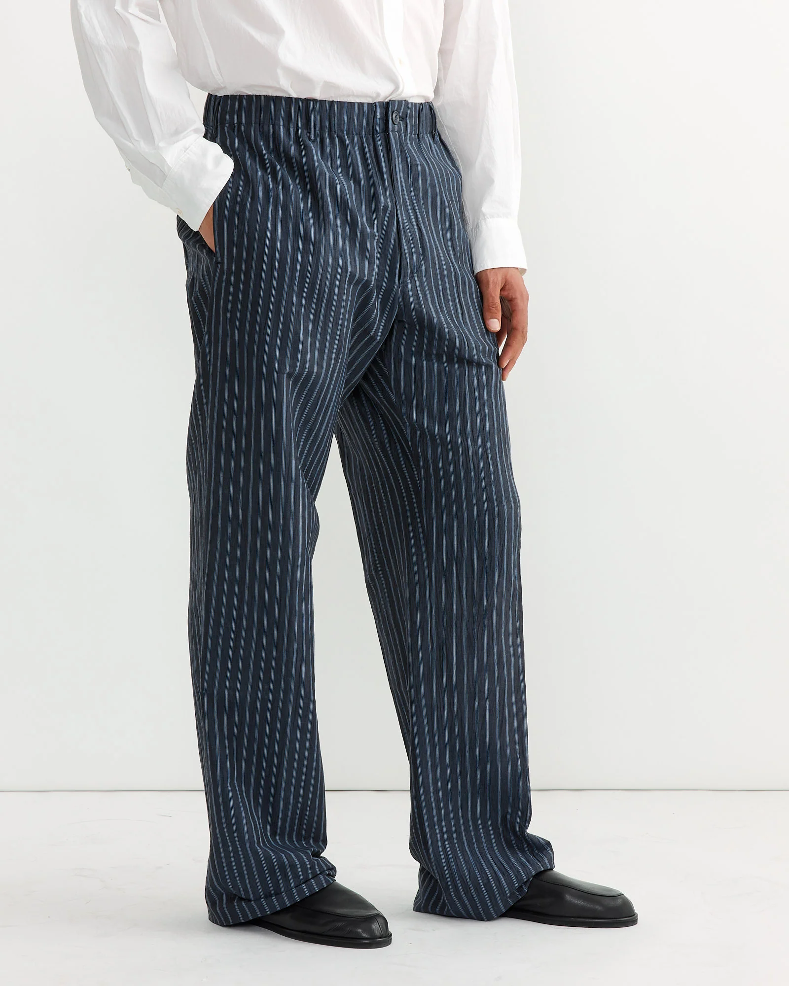 Drape Trouser in Crinkle Stripe Navy - Image 4