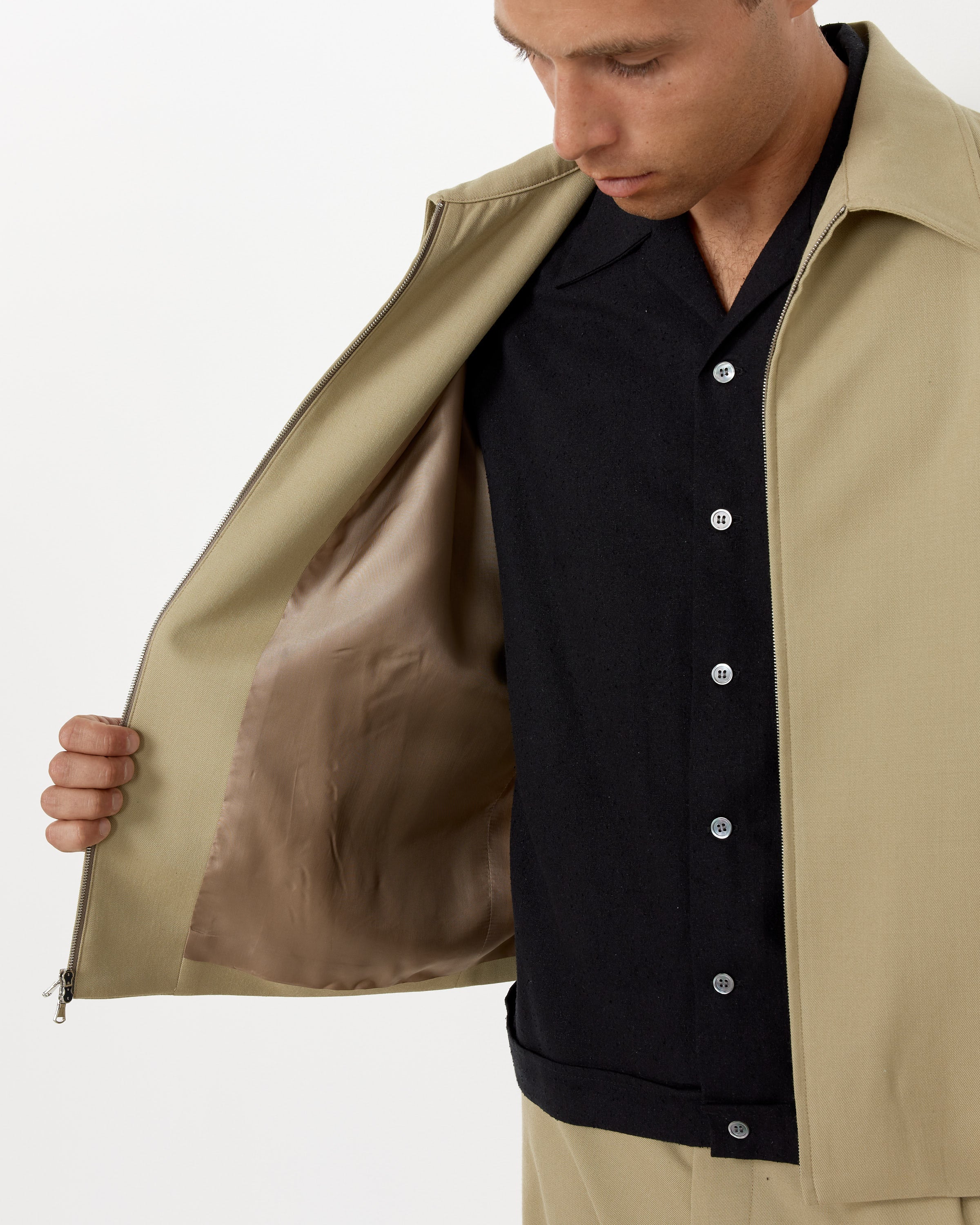 Zip Jacket in Italian Wool Gabardine Sesame - Image 4