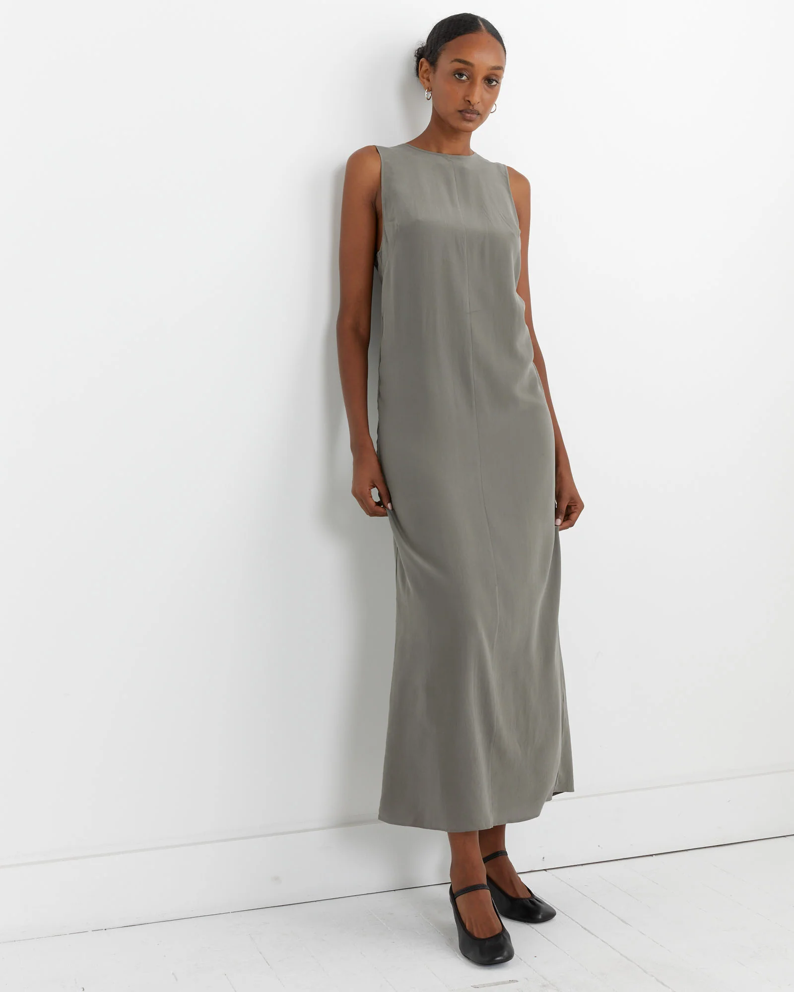Drawstring Silk Dress in Smokey Olive - Image 4