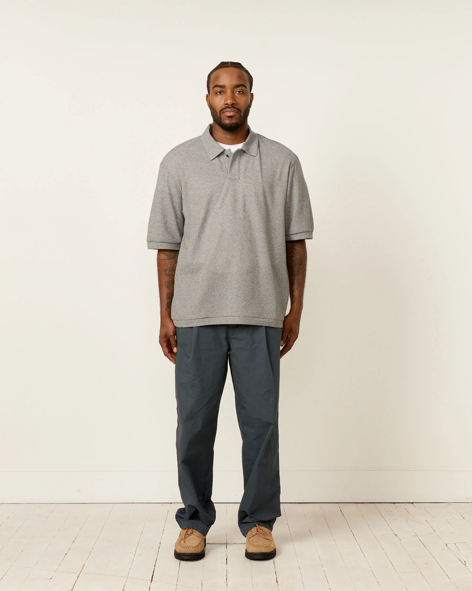 Moss Stitch Polo Shirt in Melange Grey - Image 2