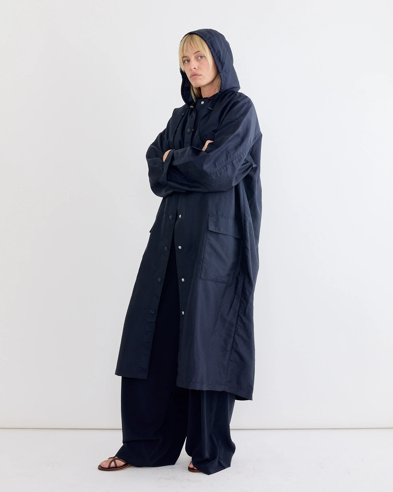 Crispy Nylon Hooded Coat in Navy - Image 2