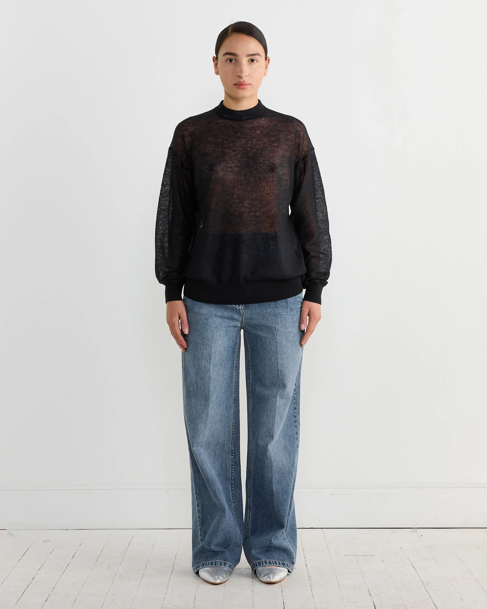 Sheer Sweater Crewneck Easy Pullover in Dark Navy - Image 2
