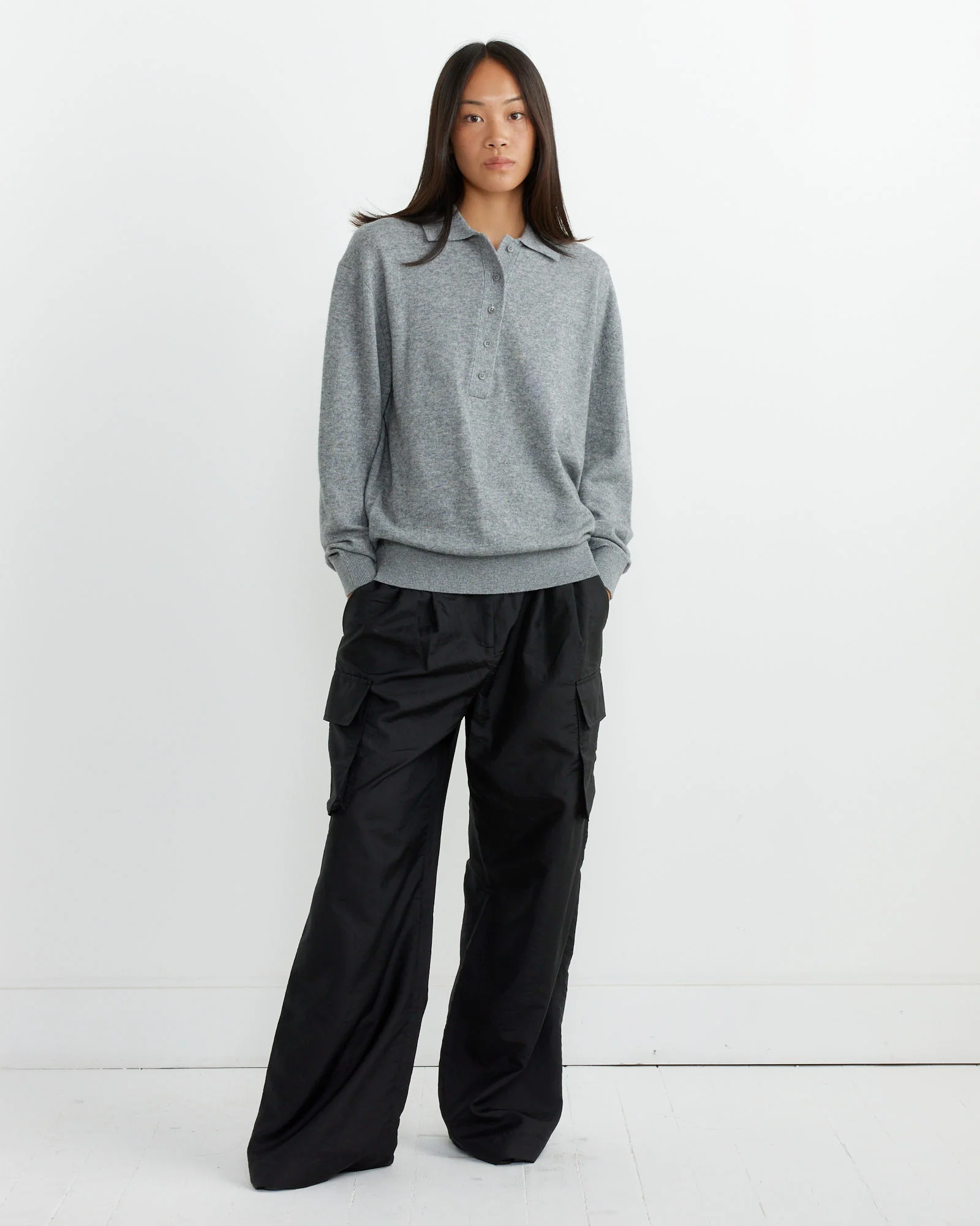 Washable Cashmere Polo Sweater in Heather Grey - Image 2